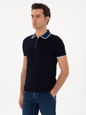 Cacharel Navy Slim Fit Zip Polo Collar Knit T-Shirt
