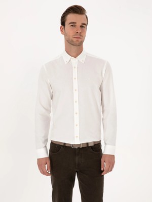 Cacharel White Slim Fit %100 Cotton Button-Down Collar Flannel Shirt