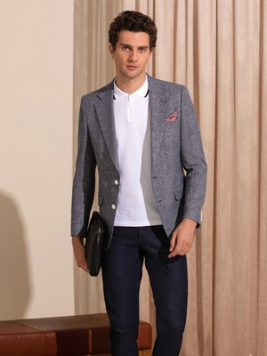 Cacharel Navy Slim Fit Linen Blend Blazer