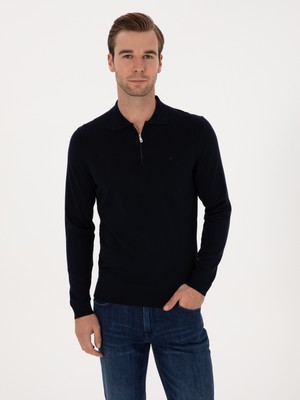 Cacharel Navy Regular Fit Wool Blend Zip Polo Collar Basic Knit Sweater