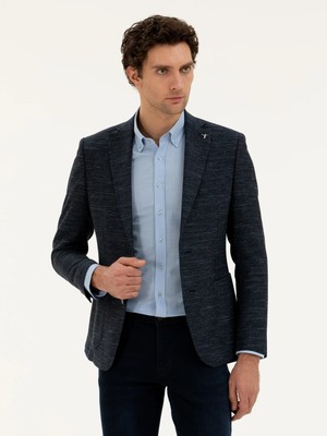 Cacharel Navy Slim Fit Wool Linen Blend Blazer