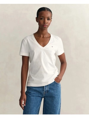 Gant Women's White V-Neck Regular Fit Logo T-Shirt