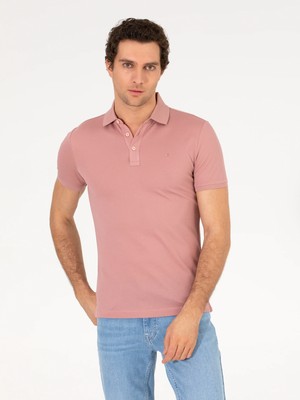 Cacharel Powder Pink Polo Collar Slim Fit Basic Mercerized T-Shirt