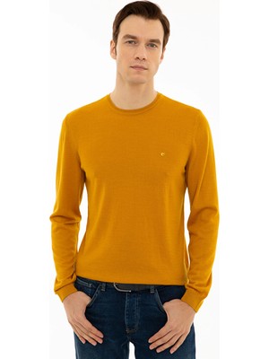 Cacharel Yellow Slim Fit Crew Neck Basic Knit Sweater