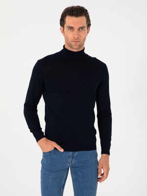 Cacharel Navy Slim Fit Wool Blend Turtleneck Basic Knit Sweater