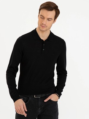 Cacharel Black Slim Fit Polo Collar Basic Knit Sweater