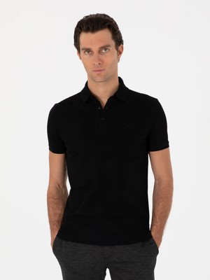 Cacharel Black Slim Fit Polo Collar Cotton Basic T-Shirt