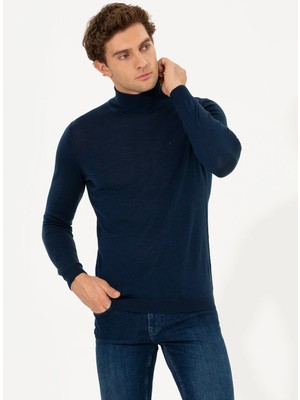 Cacharel Navy Slim Fit Turtleneck Basic Knit Sweater