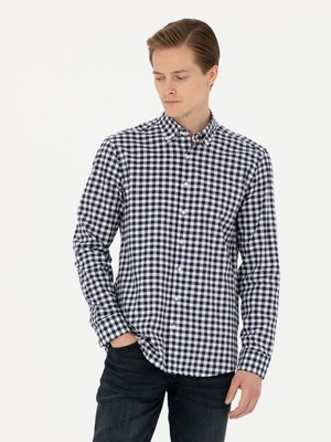 Cacharel Navy Slim Fit Long Sleeve Checked Shirt