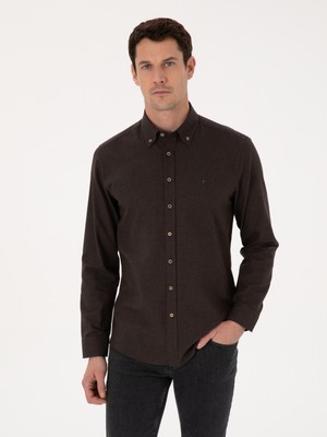 Cacharel Dark Brown Slim Fit %100 Cotton Button-Down Collar Flannel Shirt