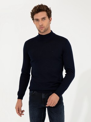 Cacharel Navy Slim Fit Half Turtleneck Basic Knit Sweater