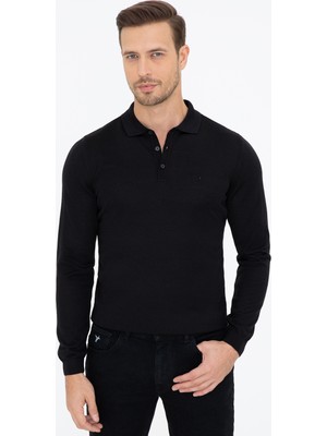 Cacharel Black Slim Fit Polo Collar Basic Knit Sweater