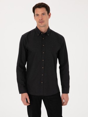 Cacharel Black Slim Fit %100 Cotton Button-Down Collar Flannel Shirt