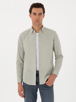 Cacharel Almond Green Regular Fit Cotton Patterned Shirt