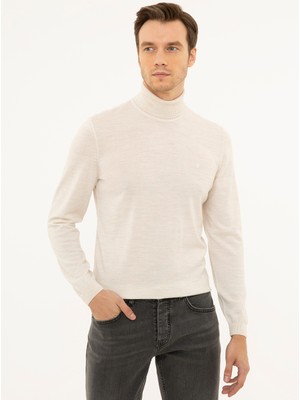 Cacharel Beige Slim Fit Turtleneck Basic Knit Sweater