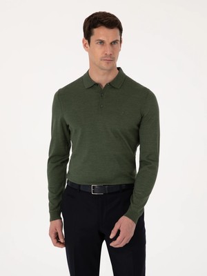 Cacharel Khaki Slim Fit Wool Blend Polo Collar Basic Knit Sweater