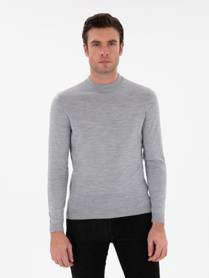 Cacharel Grey Slim Fit Wool Blend Low Mock Neck Basic Knit Sweater