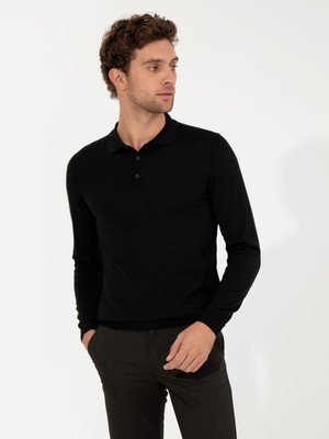 Cacharel Black Slim Fit Polo Collar Basic Knit Sweater
