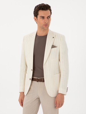 Cacharel Ecru Slim Fit Wool Linen Blend Striped Peak Lapel Blazer