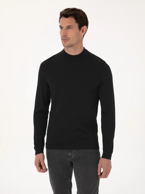 Cacharel Black Slim Fit Wool Blend Mock Neck Basic Knit Sweater