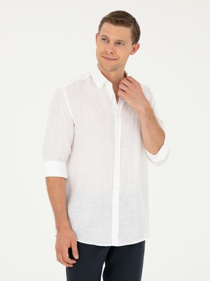 Cacharel White Regular Fit %100 Linen Shirt