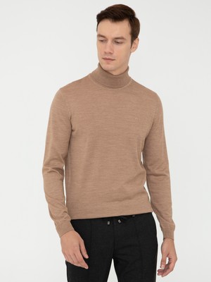 Cacharel Camel Slim Fit Turtleneck Basic Knit Sweater
