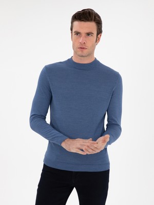 Cacharel Dark Blue Slim Fit Wool Blend Low Mock Neck Basic Knit Sweater
