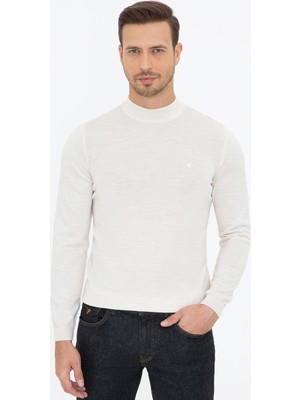 Cacharel Beige Slim Fit Quarter Turtleneck Basic Knit Sweater