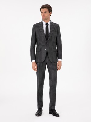 Cacharel Grey Wool Cashmere Blend Peak Lapel Striped Suit