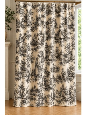 Luxoras Home Fransız Köylü Desenli Siyah Duck Kumaş Düz Fon Perde Kornişli Vintage Country Perde-Bağcık Hediyeli