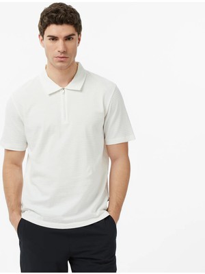 Nautica Men's Cream Regular Fit Striped Polo Collar T-Shirt