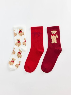 Lc Waikiki Yeni Sezon Ekru Ayıcık Desenli Kadın Soket Çorap 3'lü