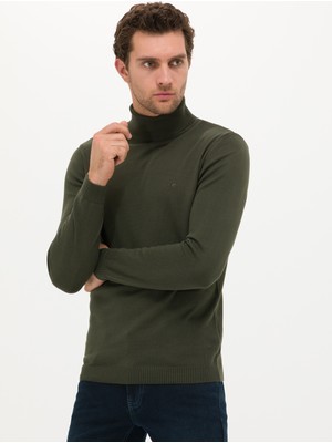 Cacharel Khaki Slim Fit Turtleneck Basic Knit Sweater