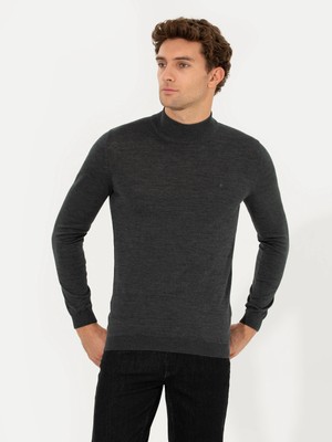 Cacharel Anthracite Melange Slim Fit Half Turtleneck Basic Knit Sweater