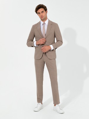 Cacharel Beige Slim Fit Wool Blend Peak Lapel Striped Suit