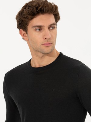 Cacharel Black Slim Fit Crew Neck Basic Knit Sweater