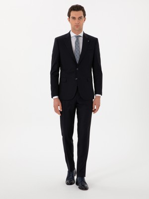 Cacharel Dark Navy Slim Fit %100 Wool Micro Patterned Suit