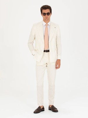 Cacharel Ecru Striped Double-Breasted Slim Fit Suit