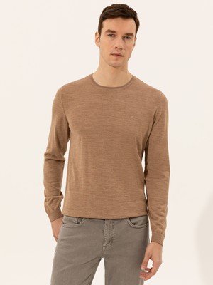 Cacharel Camel Slim Fit Crew Neck Basic Knit Sweater