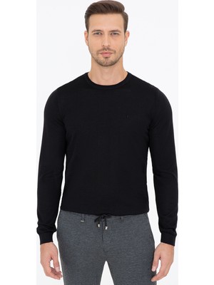 Cacharel Black Slim Fit Crew Neck Basic Knit Sweater