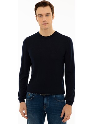 Cacharel Navy Slim Fit Crew Neck Basic Knit Sweater