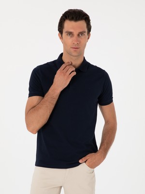 Cacharel Navy Slim Fit %100 Cotton Polo Collar T-Shirt