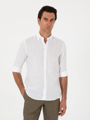 Cacharel White Slim Fit Button-Down Collar %100 Linen Shirt
