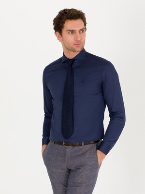 Cacharel Navy Slim Fit %100 Cotton Italian Collar Basic Shirt