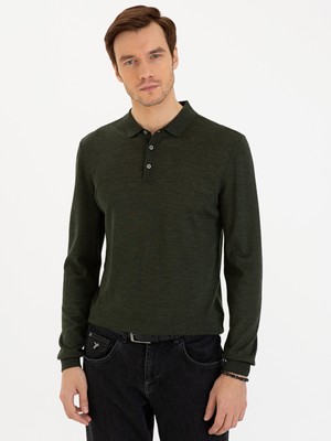 Cacharel Khaki Slim Fit Polo Collar Basic Knit Sweater