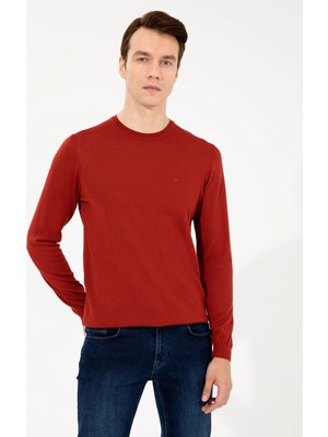 Cacharel Dark Brick Slim Fit Crew Neck Basic Knit Sweater