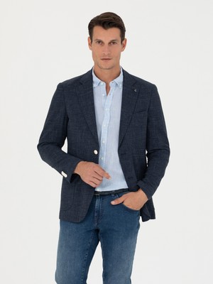 Cacharel Navy Slim Fit Wool Linen Blend Blazer