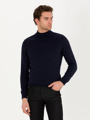 Cacharel Navy Slim Fit Cotton Blend Half Turtleneck Basic Knit Sweater