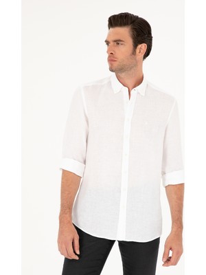 Cacharel White Slim Fit %100 Linen Shirt