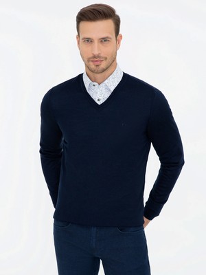 Cacharel Navy Slim Fit V-Neck Basic Knit Sweater